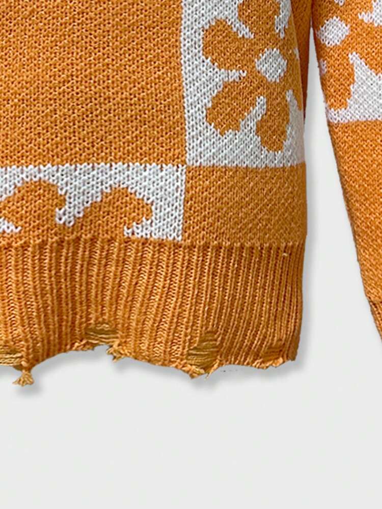 Tween Girl Floral Pattern Drop Shoulder Distressed Trim Sweater