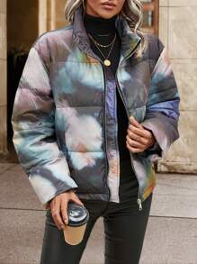 SHEIN LUNE Tie Dye Drop Shoulder Zipper Padded Coat Fall Cloth For Women - Black - View 5