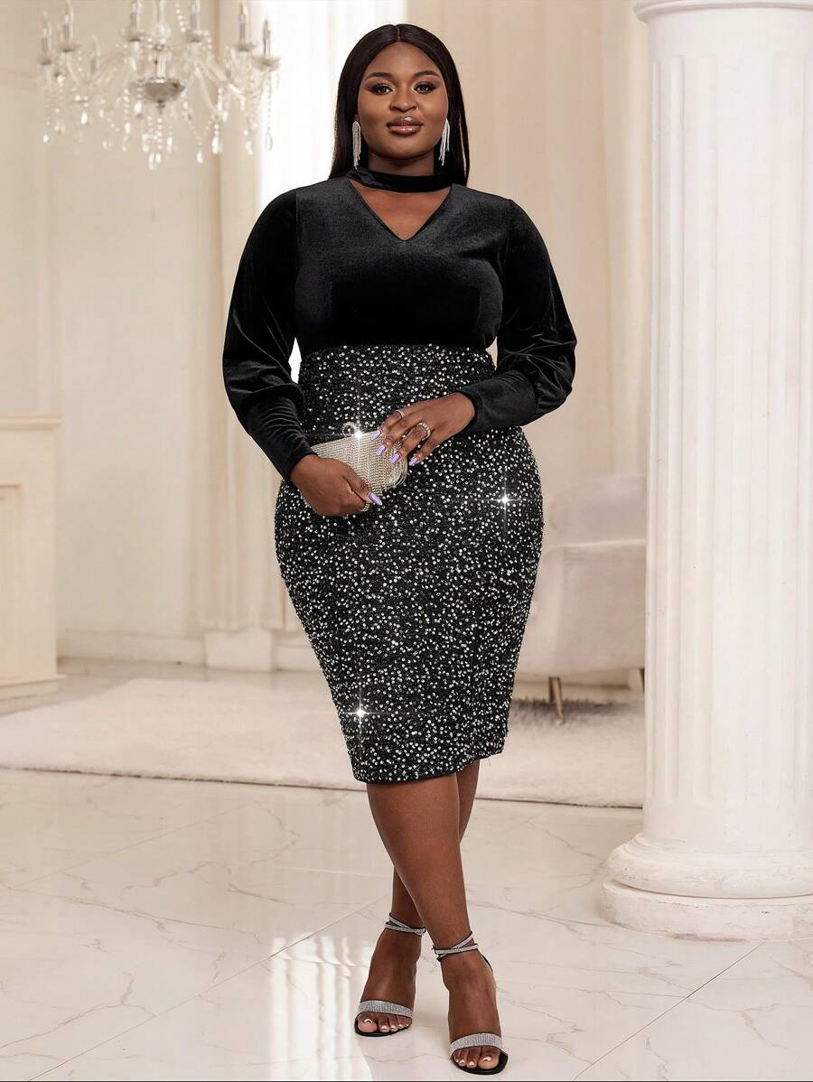 SHEIN Lady Plus Size Shiny Velvet Dress For Women - Multicolor - View 1