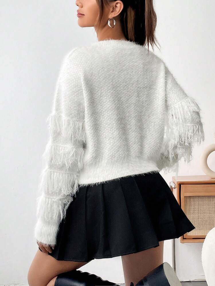 Fringe Trim Drop Shoulder Fuzzy Knit Pullover Fall Winter Sweater