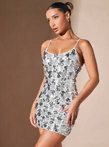 SHEIN BAE Vestido de tirantes Navidad con lentejuelas - Plateado - Ver 5