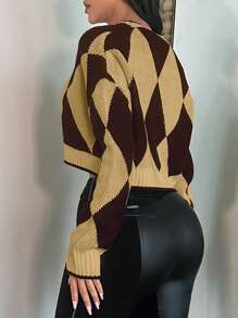 SHEIN SXY Argyle Pattern Drop Shoulder Duster Cardigan - Brown - View 2