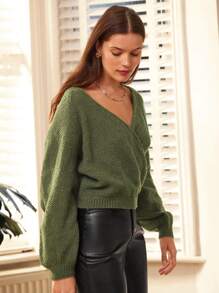 SHEIN Frenchy Quý cô tay cánh Bọc Áo len - Màu xanh Ô liu - Xem 6
