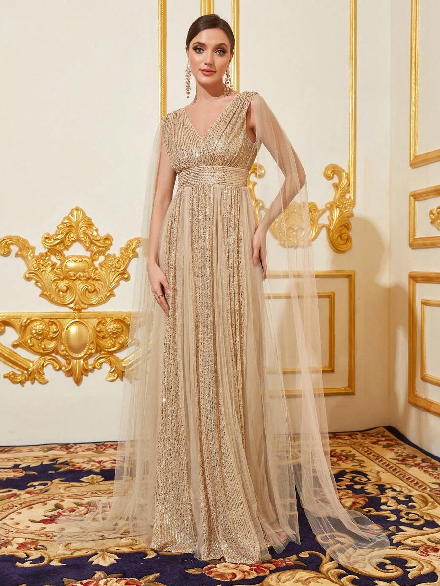 Elegant V-Neck Sleeveless Evening Gown With Sheer Organza Cape & A-Line Flowing Skirt - Sophisticated Formalwear For Red Carpet Galas, Black-Tie Dinners, Wedding Receptions, Luxury Balls, And Grand Celebrations - Champagne - View 1