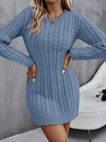 SHEIN Privé Cable Knit Sweater Dress Without Belt - Dusty Blue - View 4