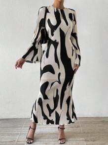 RosyDaze Allover Print Flounce Sleeve Mermaid Hem Dress Maxi Women Outfit Fall Cloth For Women