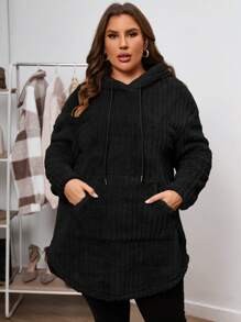 SHEIN Clasi 加大码袋鼠口袋抽绳泰迪熊卫衣 - 黑色 - 查看 4