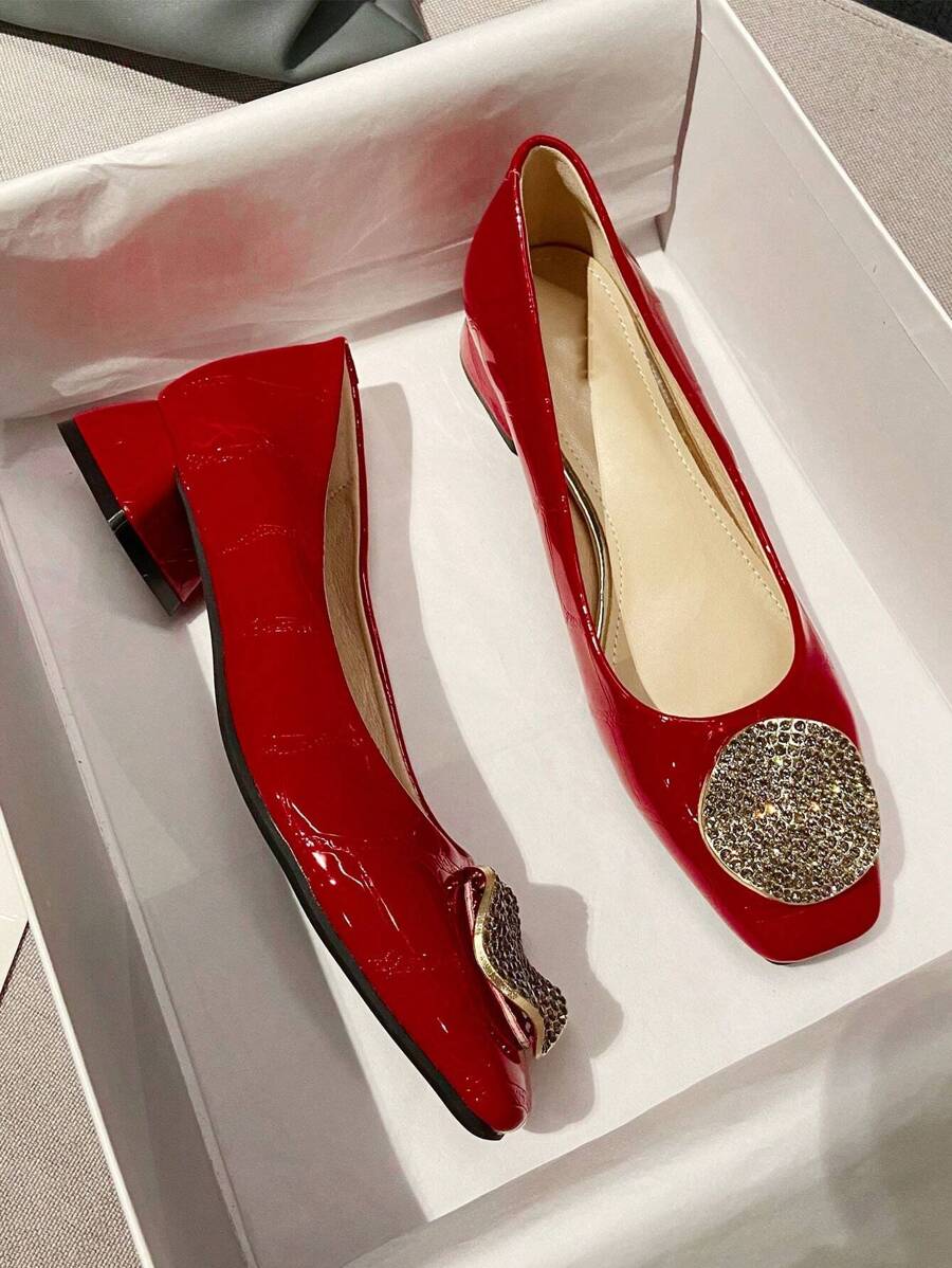 2025 Autumn Fashionable Classic Style Suede Upper With Metal Rhinestone Buckle Square Toe Chunky Heel Flat Shoes For Women - Red - View 1