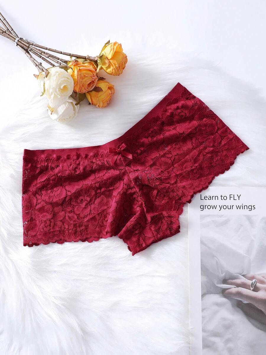 Floral Lace Bow Front Boyshorts - Burgundy - View 1