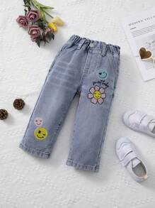 Pantalones Para Niñas Bebes, Lavados Suaves Con Bordado Recto En Mezclilla. - Lavado ligero - Ver 1