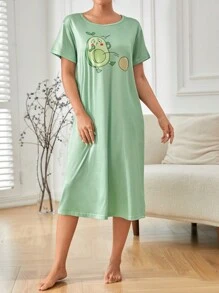 Cartoon Graphic Pajama Nightdress - Green - View 3