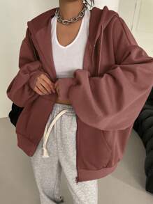 DAZY Chất rắn Dây kéo Thả vai Dây rút Lót nhiệt Hoodie - Màu Cam san hô - Xem 1