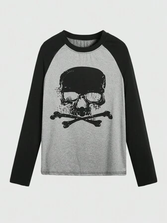 Goth T-shirt À Manches Raglan À Blocs De Couleurs Avec Imprime De Crâne