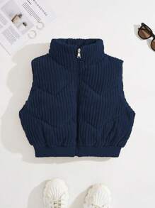 SHEIN Unity Zip Up Corduroy Puffer Vest Coat - Navy Blue - View 1