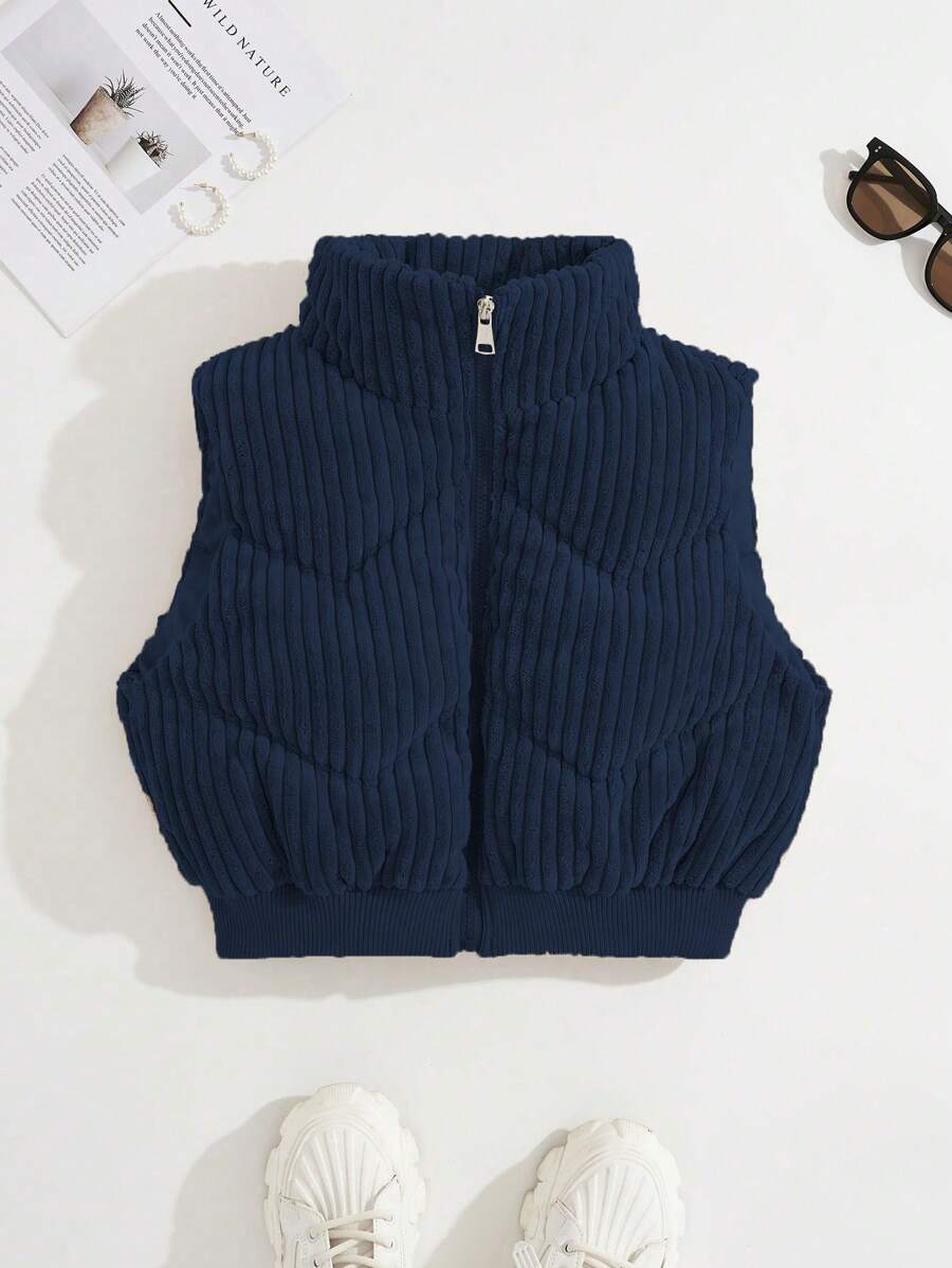 SHEIN Unity Zip Up Corduroy Puffer Vest Coat - Navy Blue - View 1