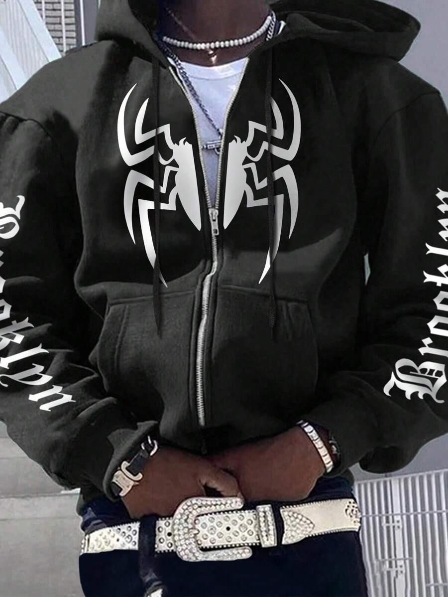 Manfinity Roghcode 男士字母图案拉链抽绳连帽衫，长袖拉链外出哥特式连帽衫，男友礼物 - 黑色 - 查看 1