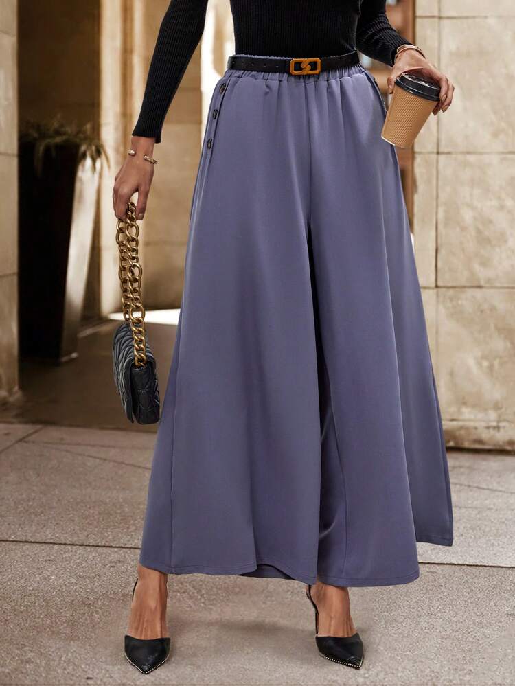 Button Detail Wide Leg Pants