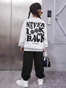 SHEIN Tween Girl Slogan Graphic Drop Shoulder Pullover & Sweatpants - Black - View 1