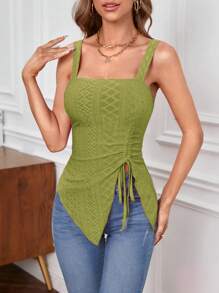 SHEIN Essnce 抽繩不對稱下擺網眼刺繡吊帶上衣 - 橄欖綠 - 查看 6