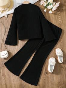 SHEIN Cô gái Tween Cổ giả Tay áo kèn  Áo thun & Quần ống loe - màu đen - Xem 2