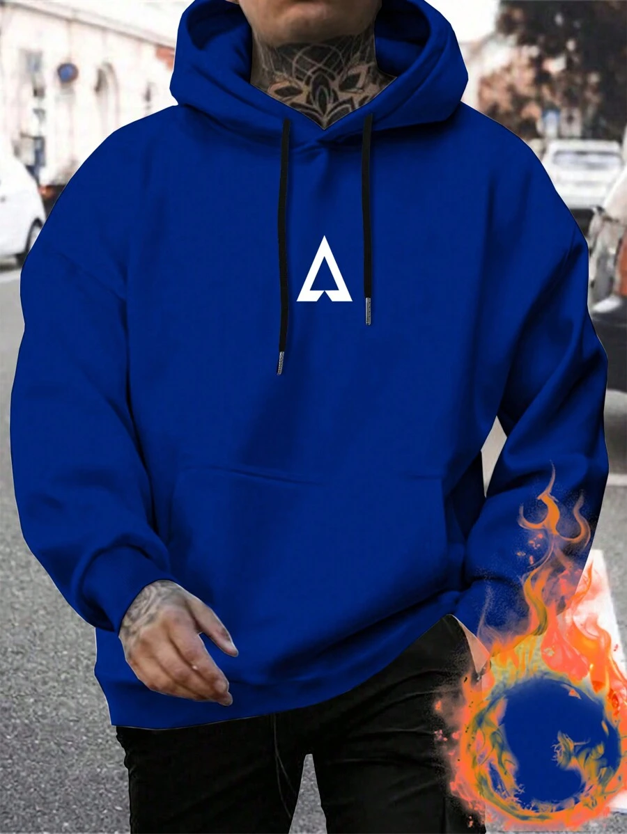 Manfinity Homme Men Geo Print Kangaroo Pocket Drawstring Thermal Lined Hoodie - Blue - View 1