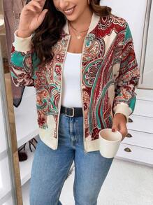 Calvaya Plus Paisley Print Zip Up Bomber Jacket Fall Winter Cloth For Women Autumn - Apricot - View 7
