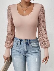 SHEIN Frenchy Body De Manga De Linterna De Encaje Y Acanalado - Albaricoque - Ver 6