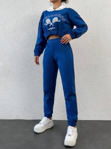 EURMUSE Tennis Racket & Letter Graphic Drop Shoulder Sweatshirt & Sweatpants - Royal Blue - View 5
