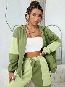 SHEIN EZwear 撞色落肩袖拉鏈連帽衫 - 彩色 - 查看 6