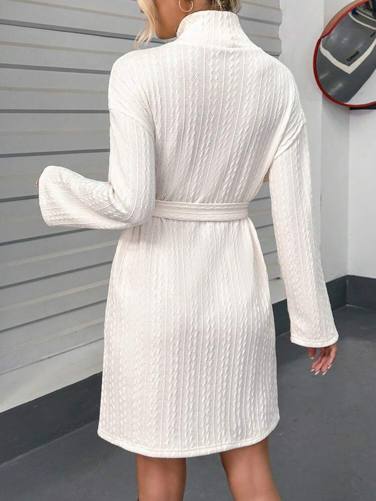 High Neck Drop Shoulder Belted Dress
