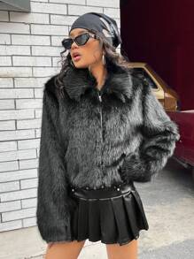 SHEIN EZwear Chất rắn Dây kéo 	
Fuzzy áo - màu đen - Xem 5