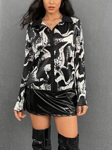 SHEIN Essnce Camisa con estampado con botón delantero - Blanco y Negro - Ver 1