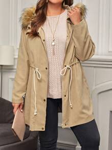 EMERY ROSE Plus Drawstring Waist Fuzzy Trim Hooded Parka Coat - Khaki - View 1
