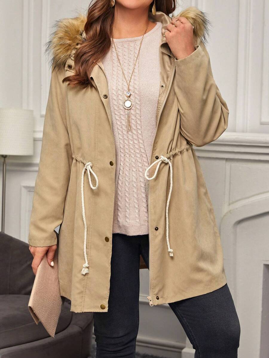 EMERY ROSE Plus Drawstring Waist Fuzzy Trim Hooded Parka Coat - Khaki - View 1