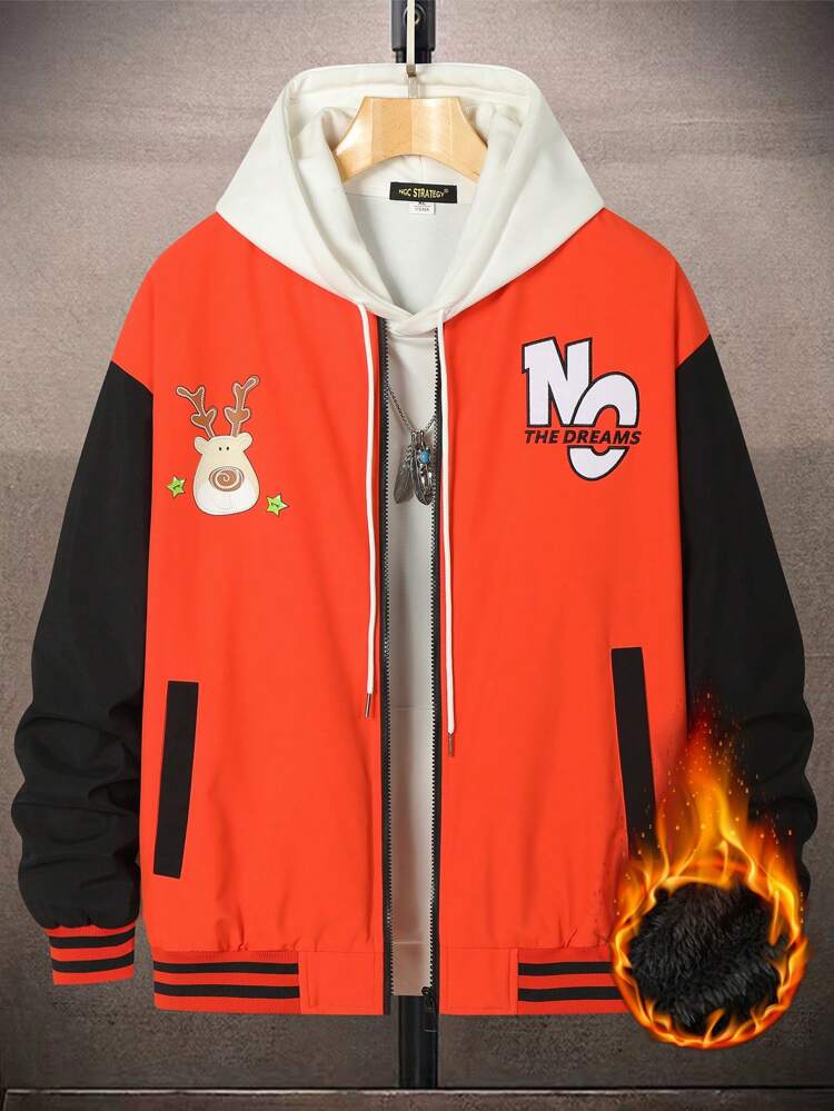 Loose Fit Men's 1pc Christmas Elk & Letter Printing Striped Zipper Bomber Coat Without Hoodie For Winter