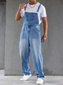 Manfinity Homme 1pc Loose Men's Pocket Patched Denim Overall Jumpsuit - Medium Wash - View 5