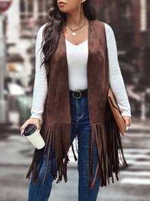 SHEIN LUNE Talla grande Abrigo chaleco bajo con fleco con parte delantera abierta - Marrón Mocha - Ver 5
