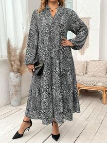 SHEIN Franclia Plus Dalmatian Print Lantern Sleeve Ruffle Hem Smock Dress - Black and White - View 4