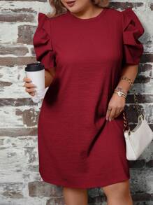 SHEIN Clasi Plus Size Floral Printed Puff Sleeves Easter Dress - Burgundy - View 4