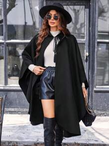 SHEIN LUNE 斗篷袖前繫帶連帽花呢外套 - 黑色 - 查看 3