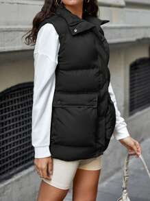 EURMUSE Colete Acolchoado Monocromático Para Mulheres Com Capa Articulada E Bolsos Grandes, Acolchoado