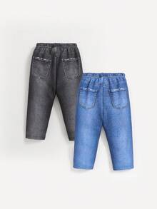 SHEIN 寶寶男孩牛仔效果直筒褲2件套 - 彩色 - 查看 2