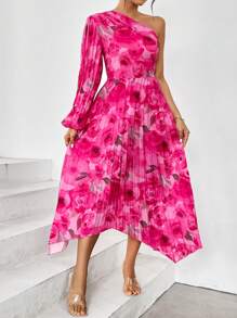 SHEIN Privé Váy in hoa một bên tay áo đèn lồng xếp li - Hồng - Xem 3