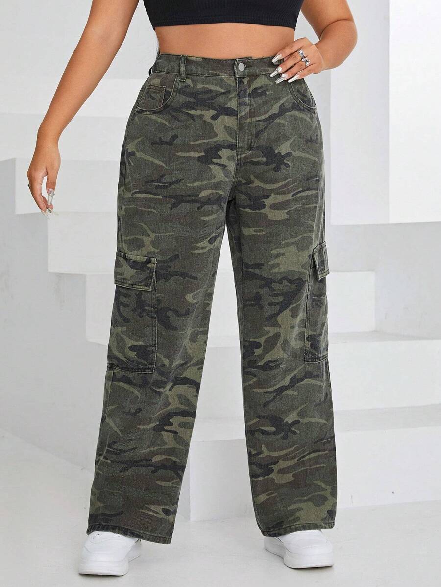 SHEIN EZwear 大碼迷彩印花翻蓋口袋工裝牛仔褲 - 彩色 - 查看 1
