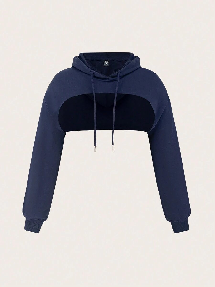 SHEIN EZwear 大码纯色超短款抽绳卫衣（不含胸罩） - 藏蓝色 - 查看 1