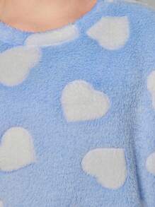 SHEIN Cô gái Tween Hình trái tim Flannel Bộ PJ - Màu xanh nhạt - Xem 5