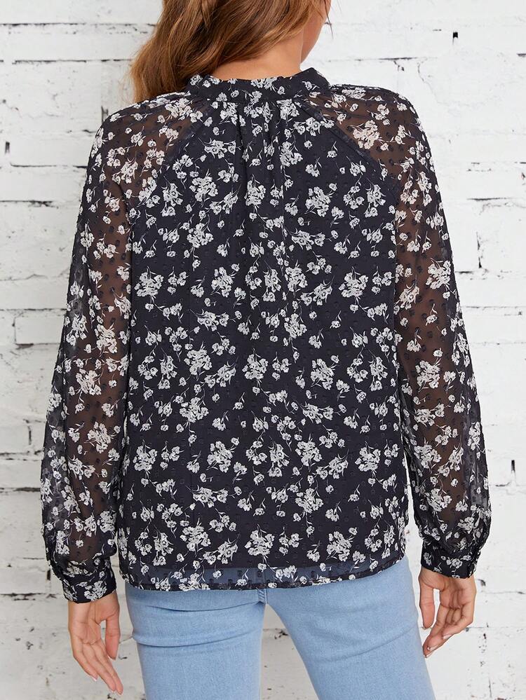 Ditsy Floral Print Tie Neck Raglan Sleeve Blouse Winter Vacation Black Flower Casual