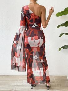 SHEIN Privé 滿版印花單肩高衩洋裝 - 紅色 - 查看 2