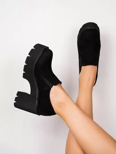 Women's Fashionable Round-Toe Black Velvet Elastic Chunky Heel Waterproof Platform Autumn & Winter Thick Sole High Vamp Shoes