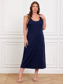 RueChic Große Größe Overall Kleid mit Einfarbig Tasche Flicken, ohne Bluse - marineblau - Übersicht 5